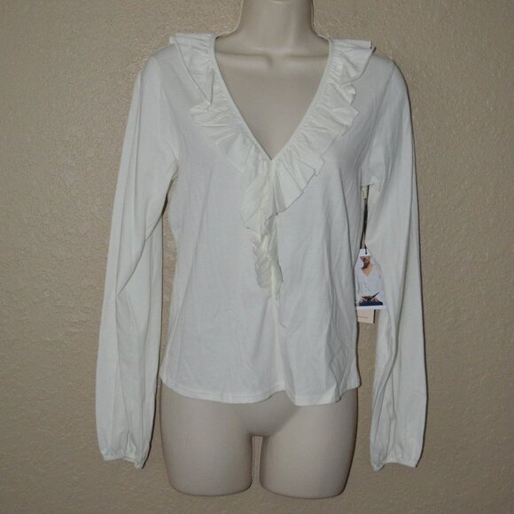NWT $138 Sz XS Nation Los Angeles Giorgio V Neck Flounce Long Sleeve Top - Picture 2 of 8